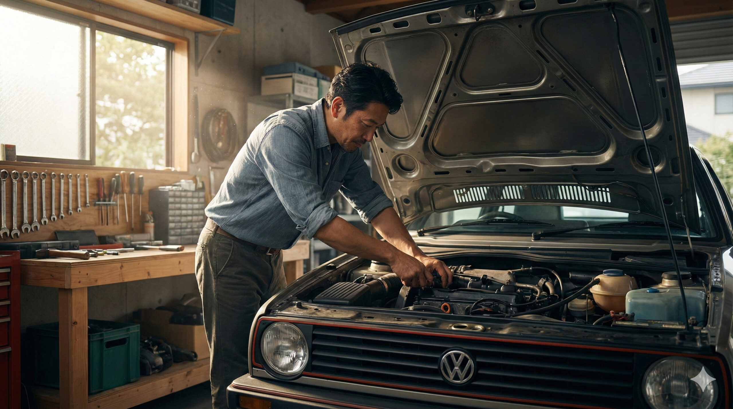 ガレージと男性