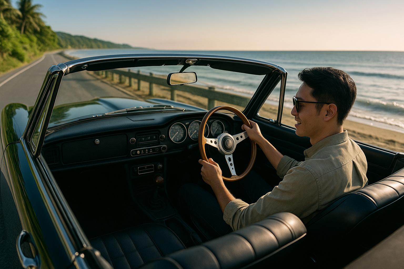海沿いをクラシックカーで疾走