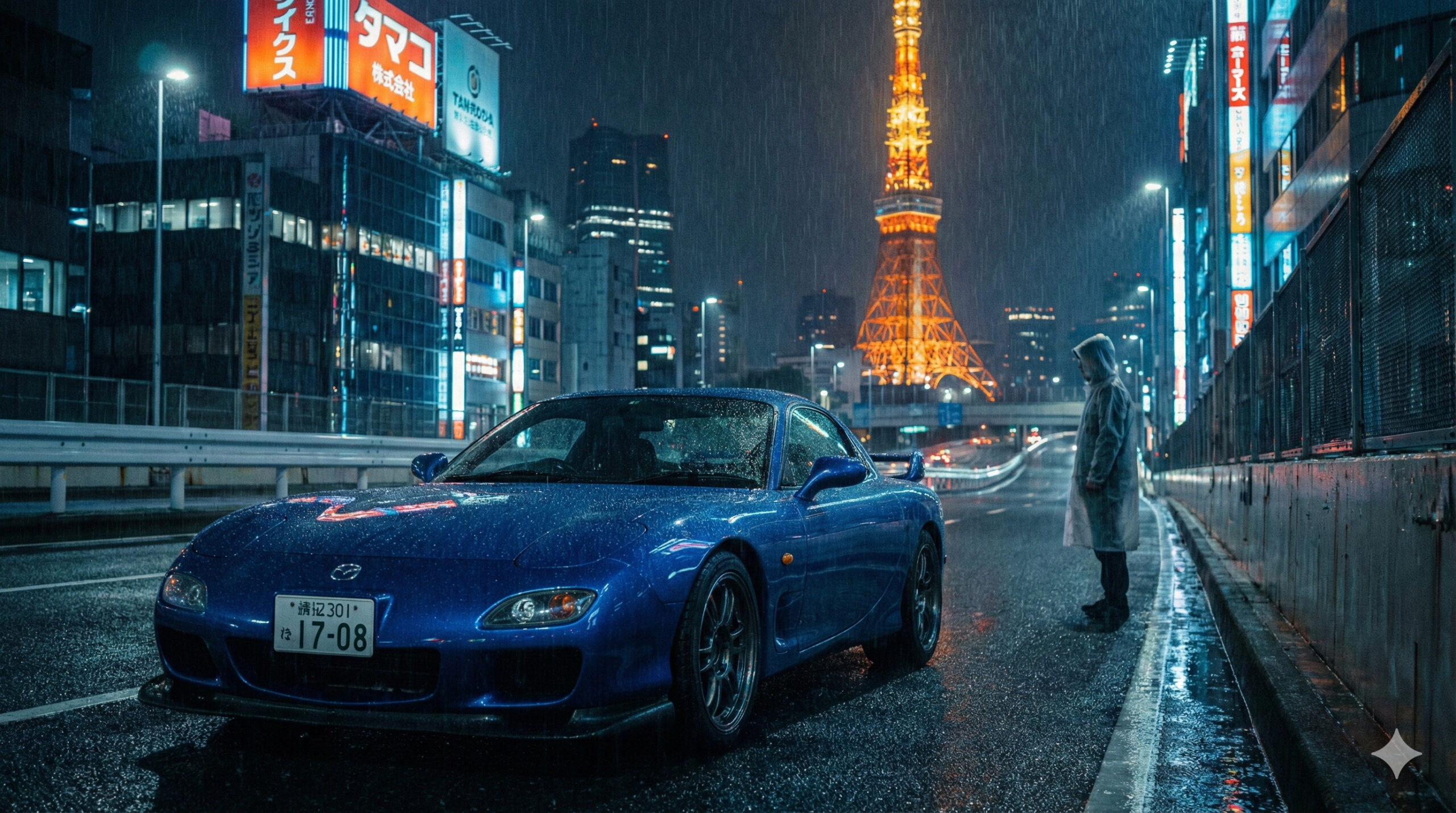 マツダRX7と雨の東京夜景