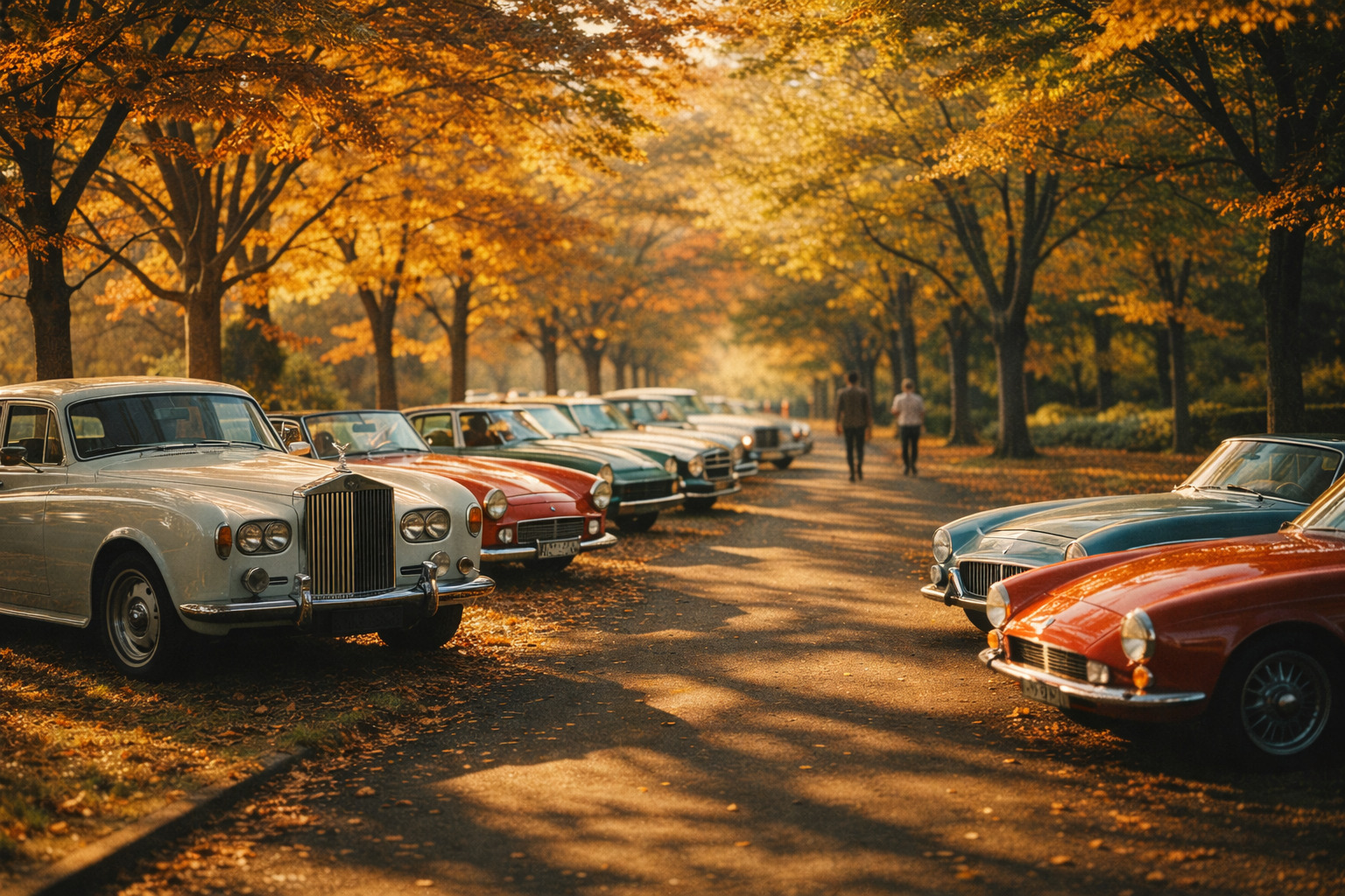 クラシックカーと秋の並木道