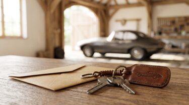 相続した旧車の鍵と書類、奥のガレージに停まるクラシックカー
